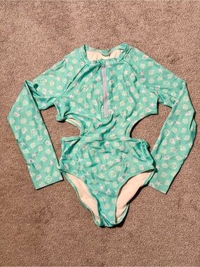 Osh Kosh Long Sleeve Cutout One-Piece Swimsuit in Aqua Seashell Print - Girls 12
